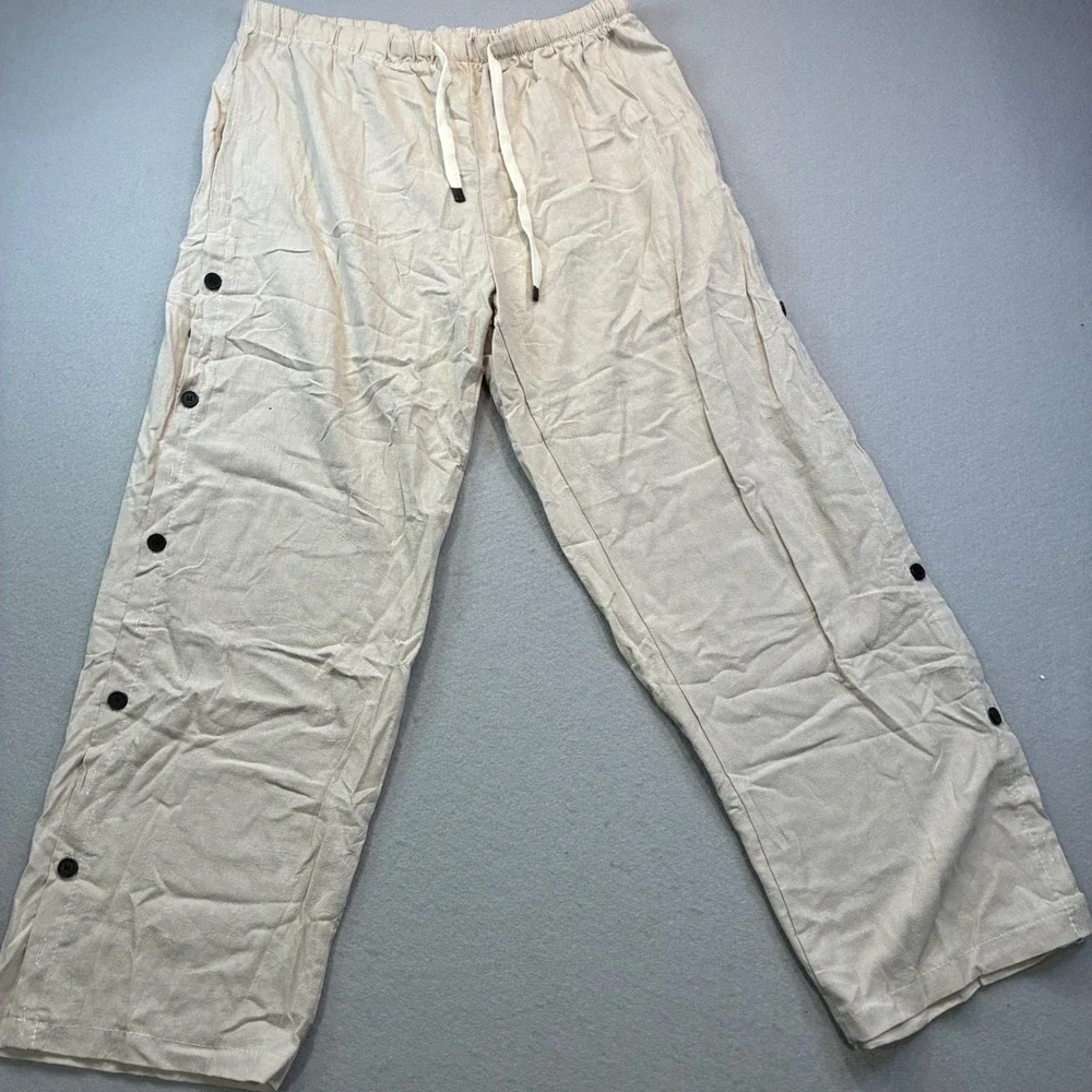 Pink Tropical Floral Top &‎ Beige Button Detail Pants Lounge Set Womens Medium
